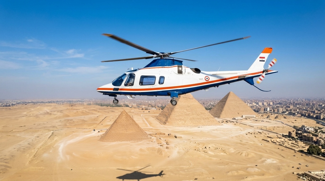 Xtreme Sky helicopter in flight beside the Giza pyramids, seen from the air over the desert