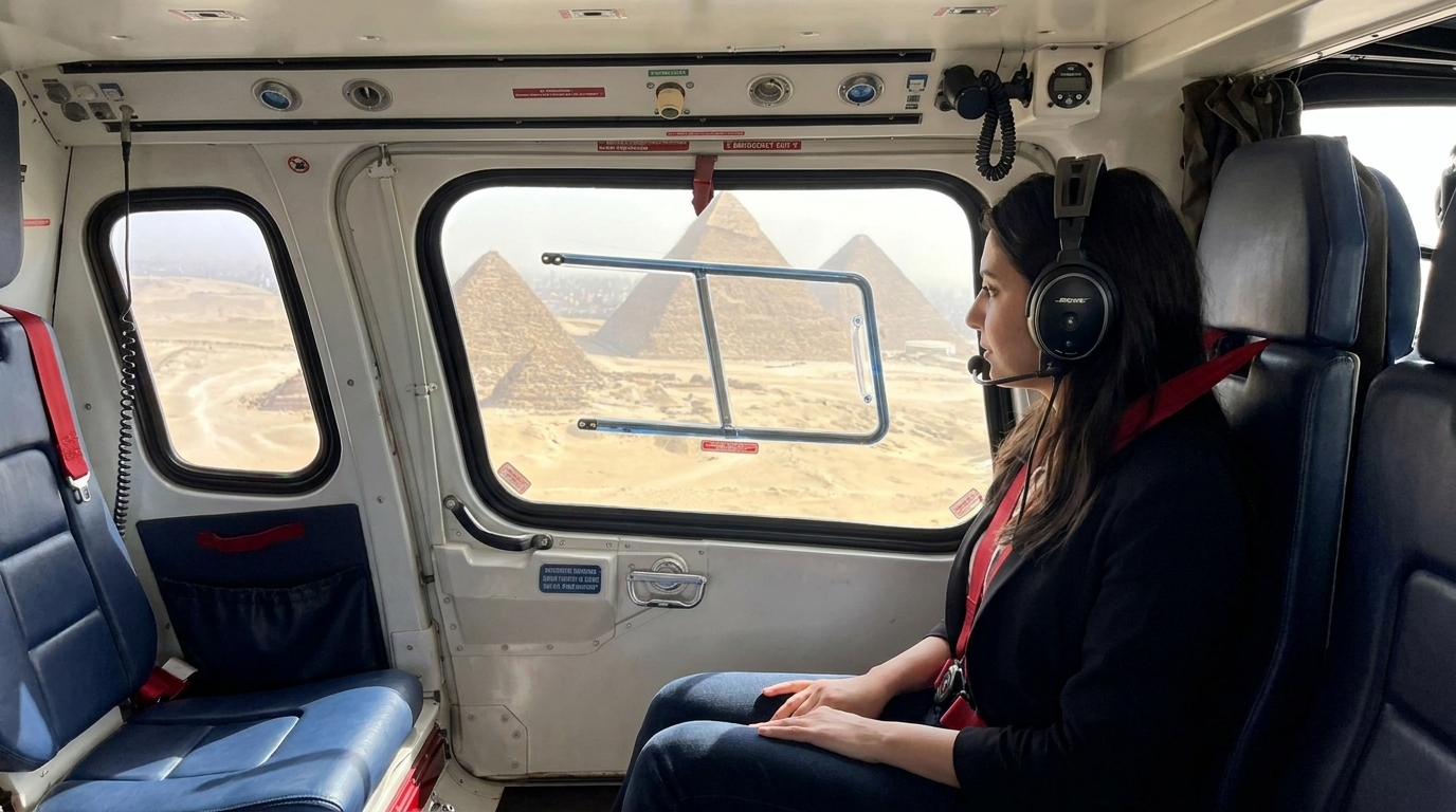 Guest wearing an aviation headset at the helicopter window with the Giza pyramids visible outside