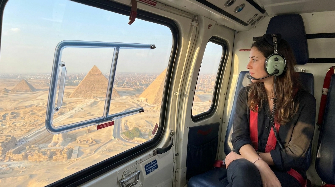 Guest in the helicopter cabin beside a window showing the Giza pyramid plateau and the Sphinx from above