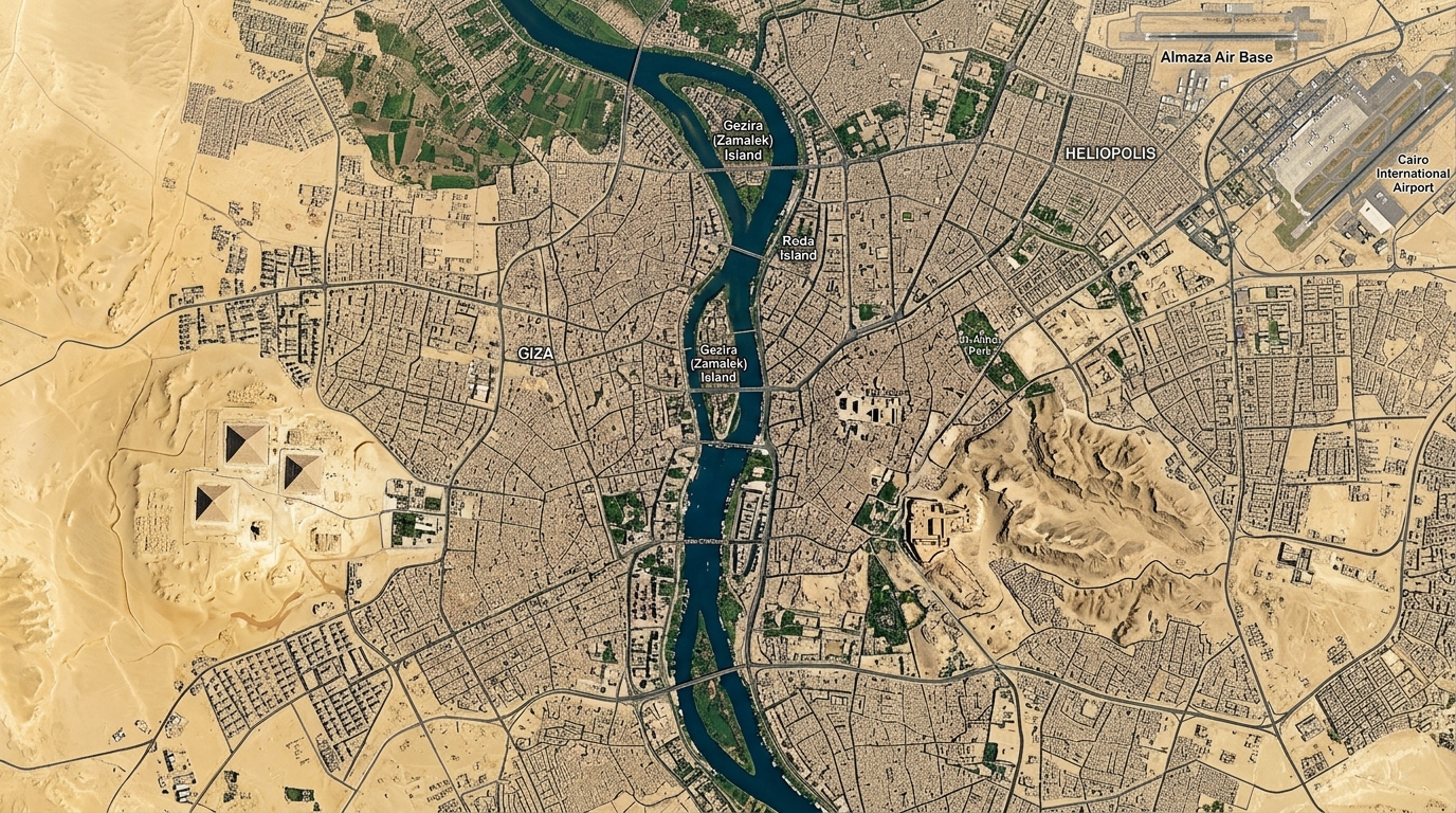 Satellite map of Cairo and Giza showing the Nile, Almaza Air Base, Heliopolis, Gezira and Roda islands, Al-Azhar Park and the Giza plateau