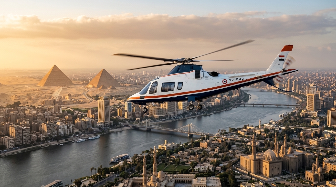 Illustrative flight scene: helicopter cruising over central Cairo and the Nile with the Giza pyramids in the distance