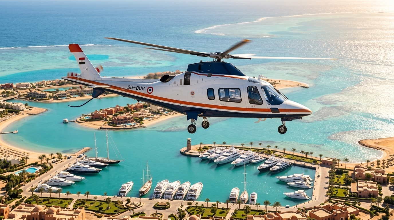 Illustrative flight scene: helicopter over a Red Sea resort marina with docked yachts, palm trees and turquoise lagoons