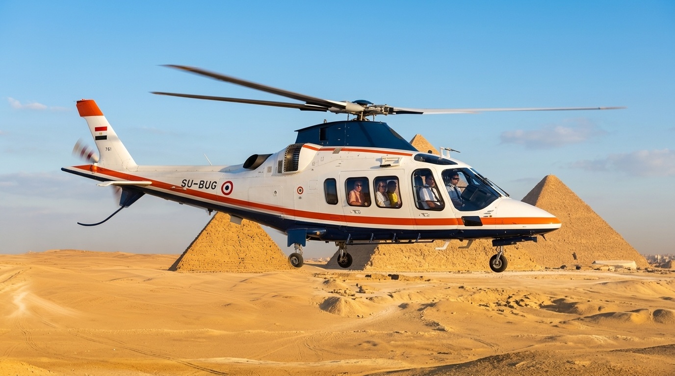 Illustrative flight scene: helicopter low over the desert dunes in front of the Giza pyramid complex