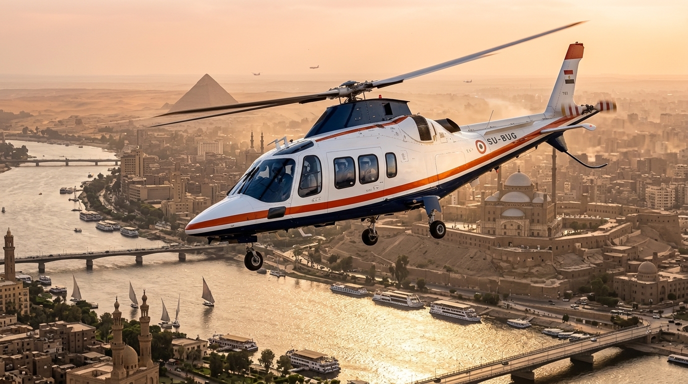 Illustrative flight scene: helicopter banking above the Nile in Cairo at golden hour, with bridges, boats and the pyramids on the horizon